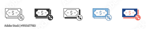 Financial prohibition icons diverse styles featuring a dollar bill with a restriction symbol, representing no money, cost-free, or forbidden expenses