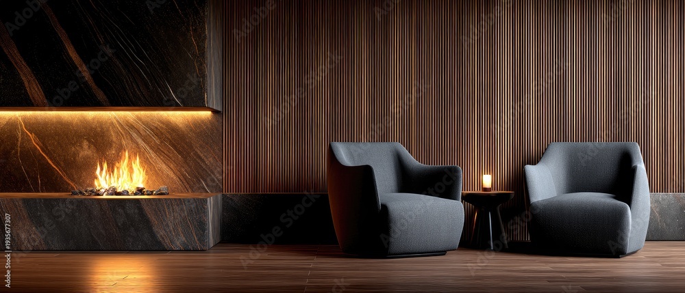 Fototapeta premium Elegant living room featuring a stone fireplace with two gray armchairs and dark wood flooring, perfect for cozy gatherings or relaxation activities