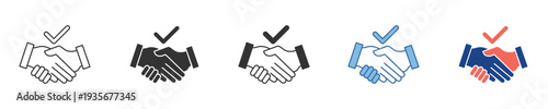 Handshake agreement icon set symbolizing confirmed partnership, successful deal completion, and business collaboration with verified trust