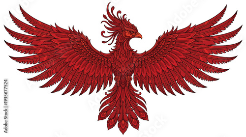 Majestic Red Phoenix Bird Illustration with Spread Wings.