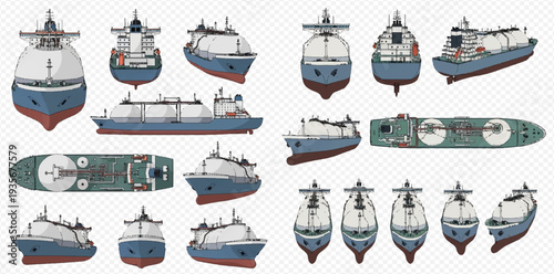 Set of various views of a liquefied natural gas carrier ship, detailed vector illustration.