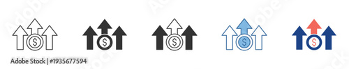 Vector icon set illustrating financial growth, market value increase, and economic prosperity with upward-pointing arrows and currency symbols. Represents rising investments and business development