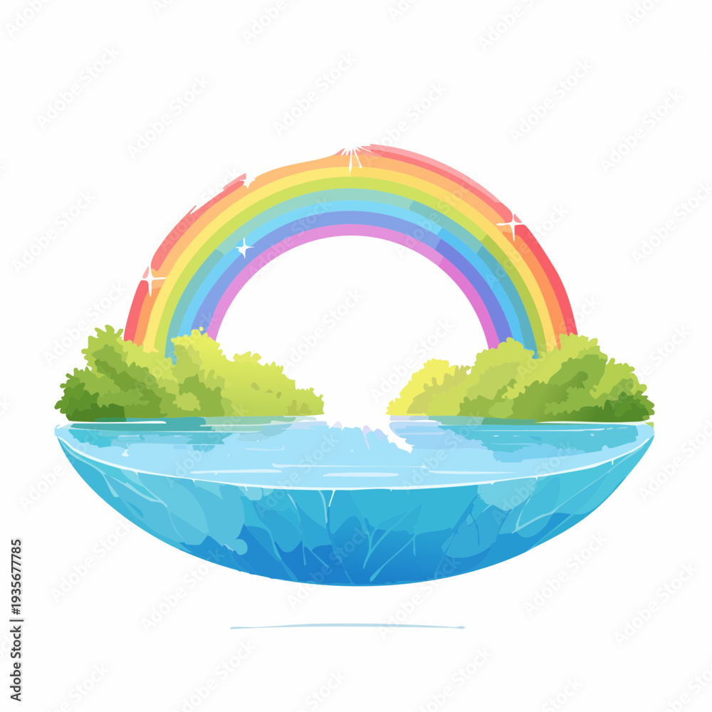 Fototapeta premium Enchanting Colorful Rainbow Arching Over Sparkling Water and Lush Greenery, a Whimsical Natural Wonderland