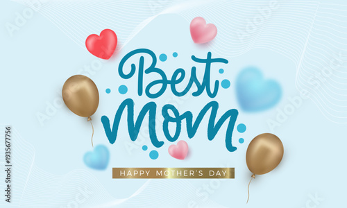Happy Mother's Day Concept with 3D Rendering Hearts, Gold Balloons, and Abstract Lines