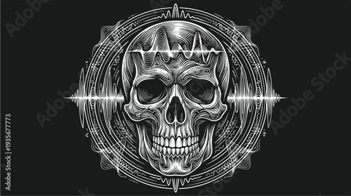 Detailed Skull with Sound Wave and Geometric Pattern.
