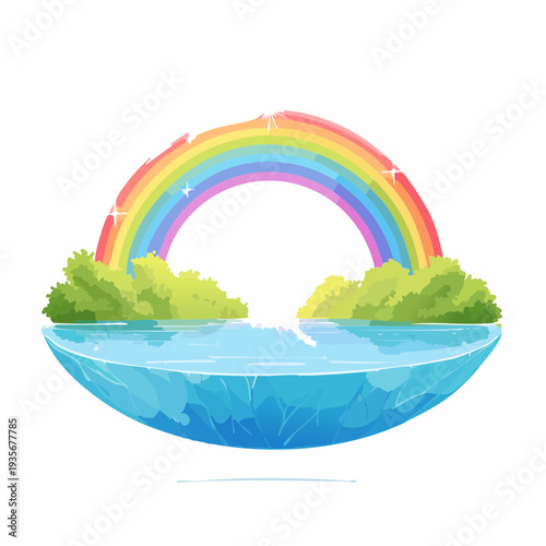 Enchanting Colorful Rainbow Arching Over Sparkling Water and Lush Greenery, a Whimsical Natural Wonderland