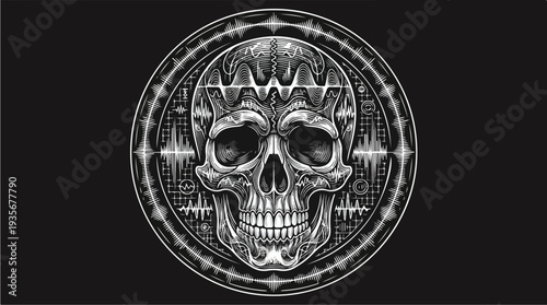 Intricate Skull Design with Geometric and Soundwave Elements.