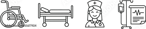 Medical equipment and healthcare professional icons set in a simple line art style, featuring a wheelchair, hospital bed, nurse, and IV pole with a monitor.