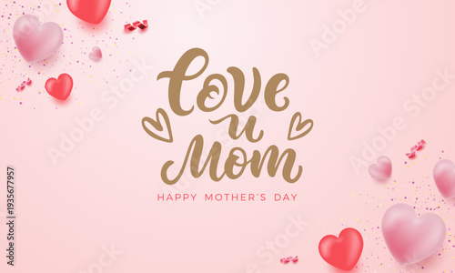Love You Mom Hand Lettering Typography on Pink Background with Hearts