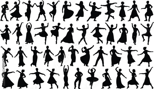 Collection of dancing women silhouettes in various dance poses, elegant female dancers performing ballet and modern dance movements isolated on white background