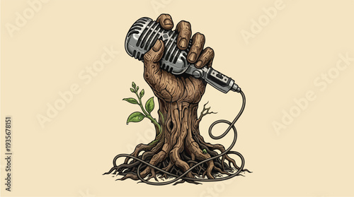 Tree trunk hand holding vintage microphone with growing plant.
