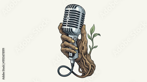 Vintage Microphone Held by Rooted Hand with Growing Plant.