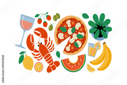 Mediterranean Food and Seafood Cuisine Color Icon Set. Pizza, Lobster, Wine, Lemon, Watermelon, Banana, Citrus and More. Vector Illustration
