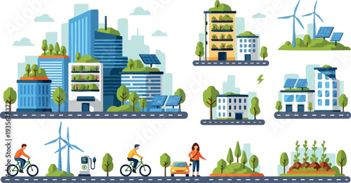 Set of 16 eco-friendly city icons vector, sustainable urban landscape illustrations