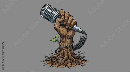 Tree trunk with fist holding microphone symbolizing natures voice.