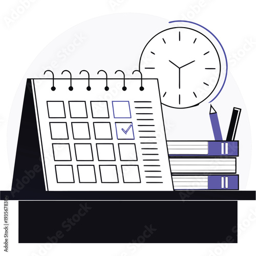  Study Burnout and Productivity  Flat Vector Illustration of Calendar, Clock, Books, and Desk Setup