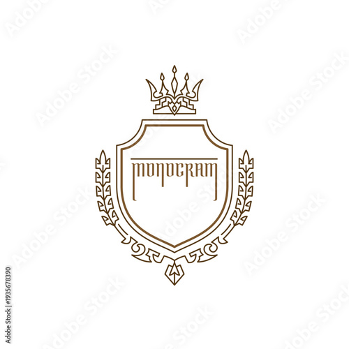 Heraldic Shield with Crown and Laurel Branches. Art Logo Design. Outline Elegant Emblem on Light Background. Classic Linear Crest with Decorative Frame and Vintage Typography. Vector Illustration