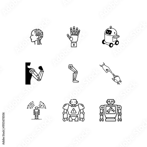 Robotics and humanoid technology linear icon set, service robot, bionic limb and artificial intelligence interaction vector symbols