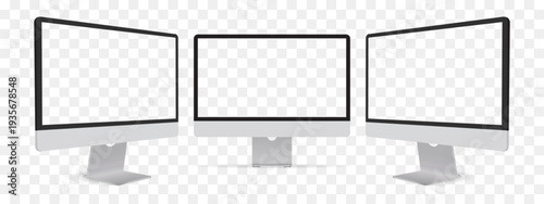 Desktop Computer Monitor Mockup Set with Blank Transparent Screen Front Side and Perspective Views Technology Vector Illustration
