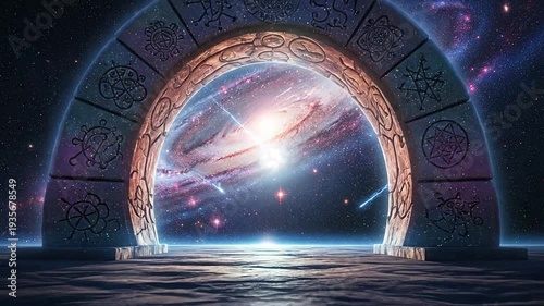 Ancient stone archway opens to a swirling and starry expanse