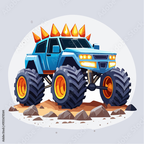 Vibrant Blue Monster Truck Illustration with Spiked Roof and Large Off-Road Wheels on Rocky Terrain