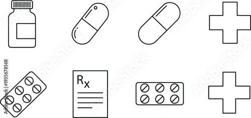 Medical icons collection featuring pills, prescription, and medical symbols in a clean and simple vector illustration style