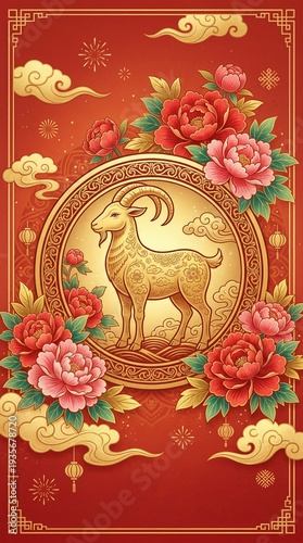Wallpaper Mural Vertical illustration of a golden goat with peony flowers and clouds. Chinese New Year 2027 greeting card design Torontodigital.ca