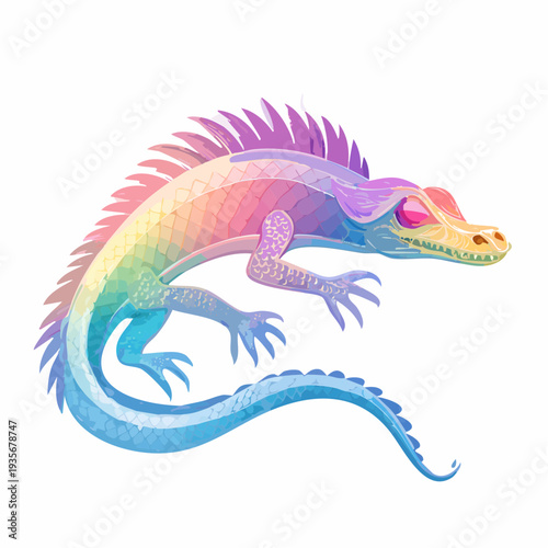 Vibrant watercolor illustration of a magical rainbow lizard creature, showcasing a playful and colorful fantasy animal