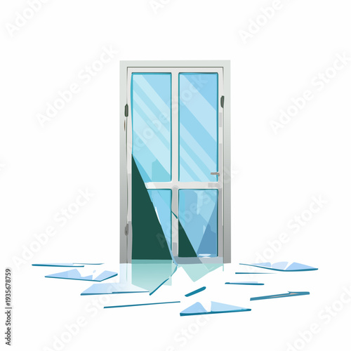 Shattered glass entrance door with broken panels and dangerous shards on the floor, symbolizing an accident or security breach