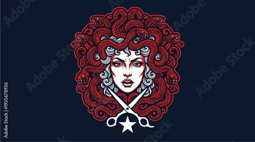 Medusa Hairdresser with Scissors and Star Emblem.