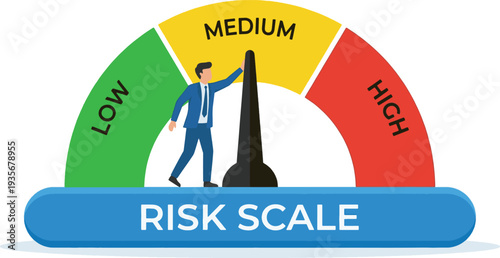Businessman Adjusting Risk Scale Meter Indicating Medium Level and Assessment Concept