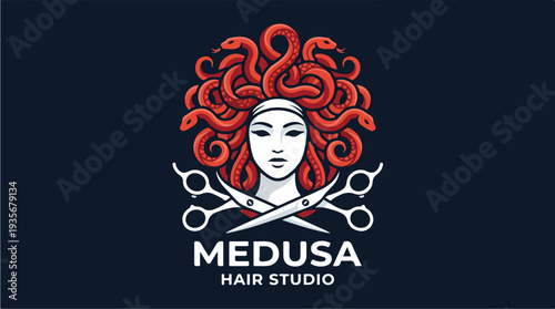 Medusa Hair Studio Logo with Scissors and Snake Hair.