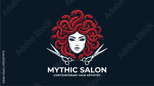 Mythic Salon Logo with Medusa and Scissors.