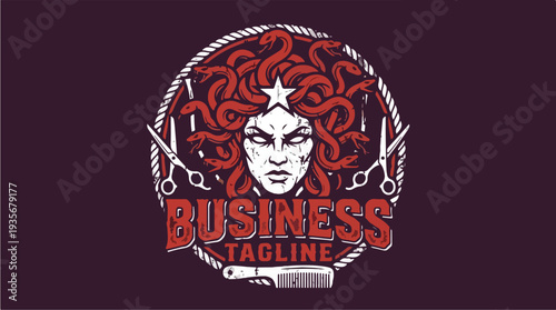 Medusa Hair Salon Logo Design with Scissors and Comb.