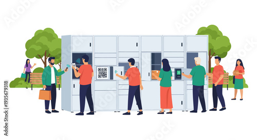 Smart parcel lockers with people using mobile phones for pickup and delivery