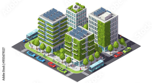 Eco-friendly city isometric buildings with green roofs and solar panels