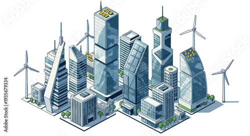 Modern Eco Cityscape with Skyscrapers and Wind Turbines