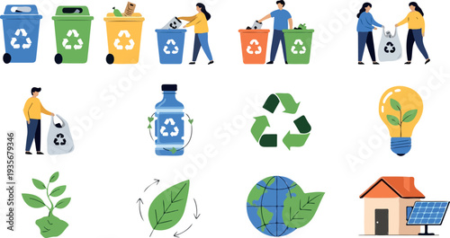 Set of 12 eco-friendly icons vector, green energy and recycling symbols