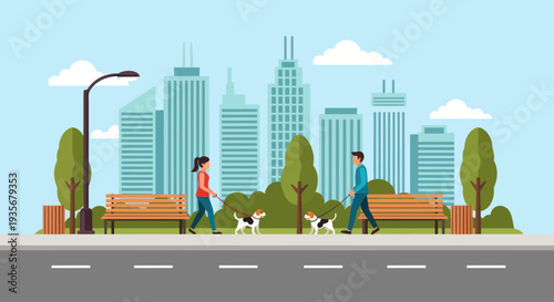 People walking dogs in city park with skyscrapers background