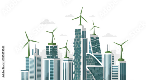 Green city skyline with wind turbines and modern skyscrapers, sustainable urban energy concept