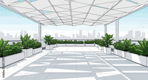 Modern Rooftop Terrace with City Skyline View, Planters and Canopy