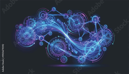 Futuristic Blue Glowing Gears and Digital Neural Network Connection Concept