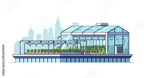 Urban Greenhouse Rooftop Farming with Cityscape Background