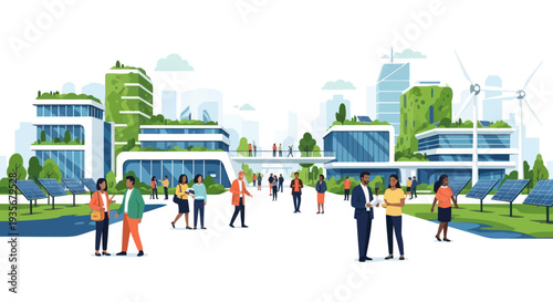 Eco-friendly city with green buildings, people, solar panels, and wind turbines