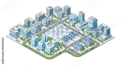 Smart City with Renewable Energy: Wind Turbines and Solar Panels in Modern Urban Landscape