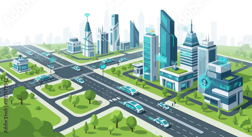 Futuristic smart city with autonomous vehicles and modern architecture