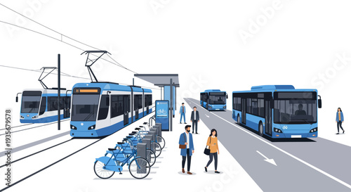 Modern Public Transport Hub: Tram, Bus, and Bike Sharing