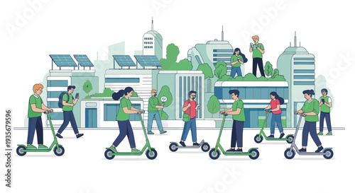 People riding electric scooters in a futuristic eco-friendly city with modern buildings and solar panels.