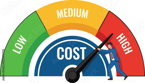 Businessman Pushing Cost Meter Toward High Level Representing Rising Expenses
