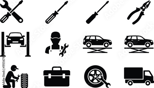 Auto Repair and Car Service Icons Set with Mechanic Tools Vehicle Lift Tire and Truck Vector Collection